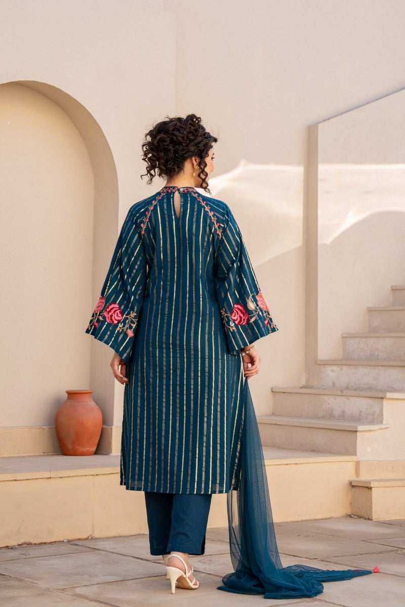 Pure Cotton Embroidered Kurta Pant Dupatta Set for Women – Available in Two Colors