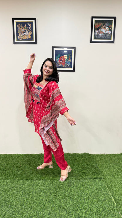 Designer Muslin Digital Print Western Fusion Kurti Pant Set with Mirror and Bead Handwork