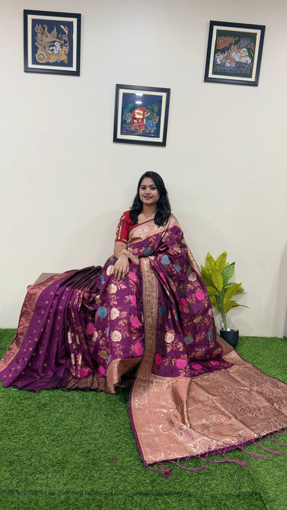 Banarasi Silk Blend Saree with Floral Woven Design and Zari Border – Festive and Wedding Wear