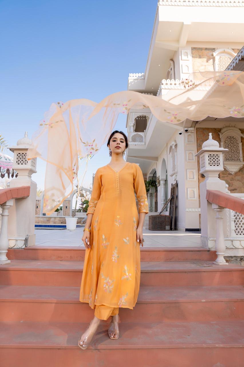 Mul Chanderi Kurta Pant Dupatta Set with Hand Embroidery and Work for Women