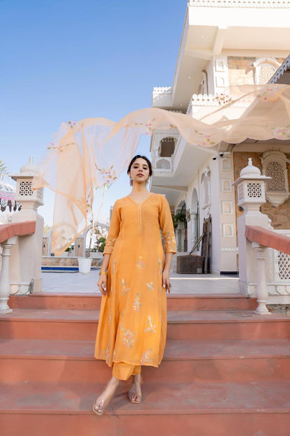 Mul Chanderi Kurta Pant Dupatta Set with Hand Embroidery and Work for Women