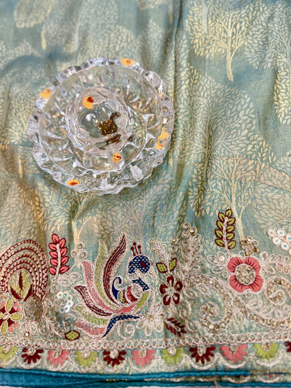 Tissue Silk Saree with Embroidery, Sequin, and Mirror Work Border – Festive Saree for Women