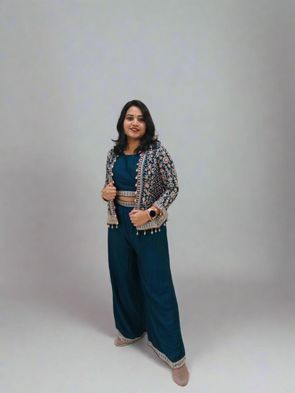 Real Chinon 3-Piece Ethnic Set with Front and Back Embroidery, Mirror Work, and Tassel Lace – Free Size Stitched