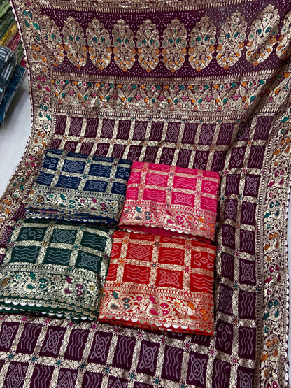 Viscose Silk Bandej Saree with Meenakari Weaving, Heavy Pallu and Lace Border – Festive Wear