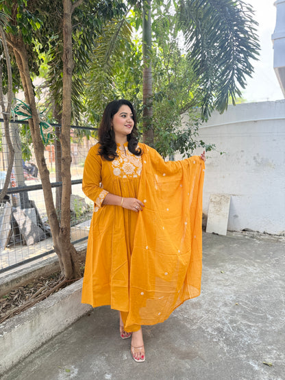 Cotton Mul Kurta Set with Hanging Embroidery Yoke, Cotton Pant and Motif Embroidered Dupatta