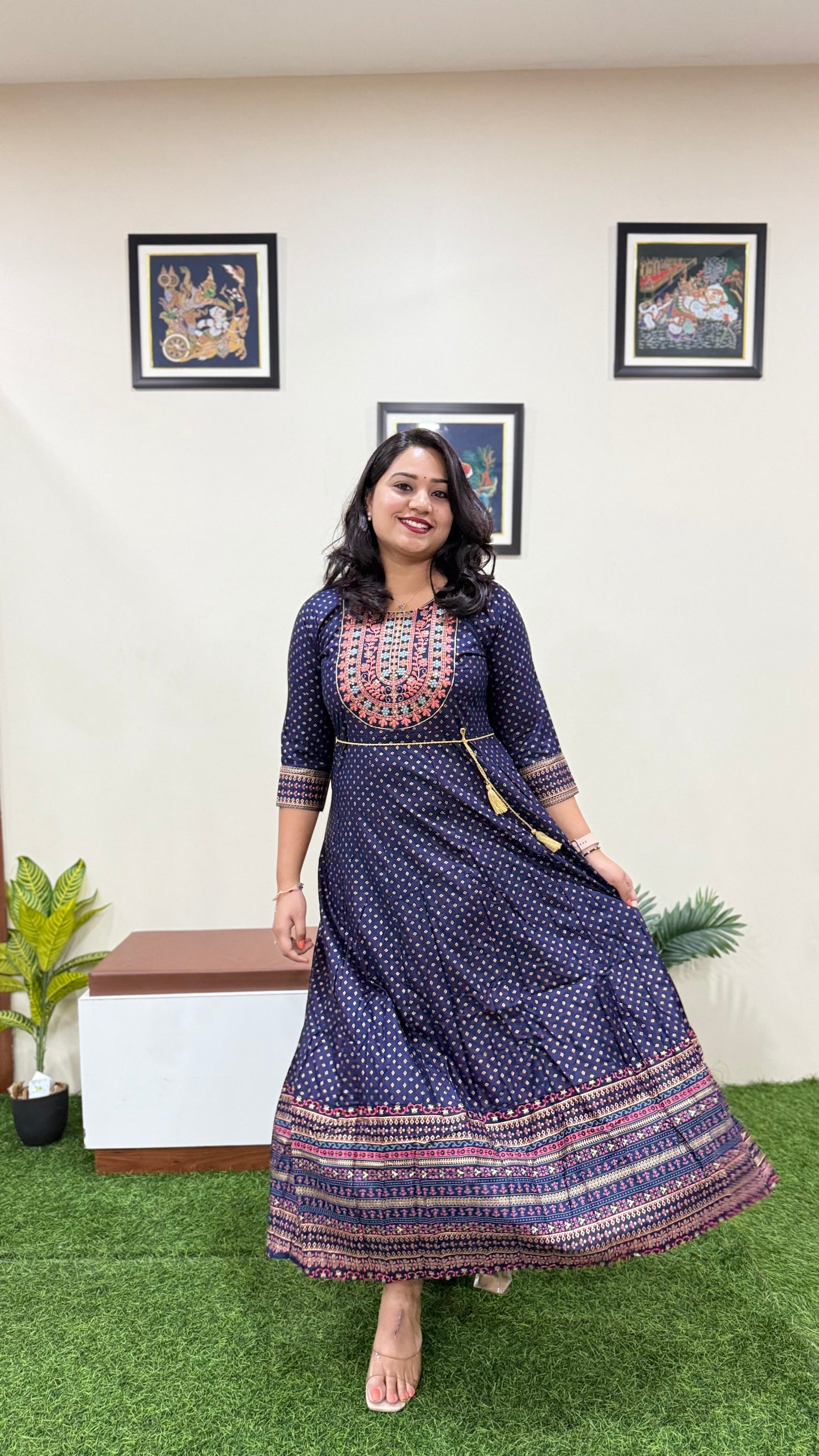 Rayon Foil Print Anarkali Gown with Embroidered Neck and Belt – Liva Tag – Sizes M to 3XL