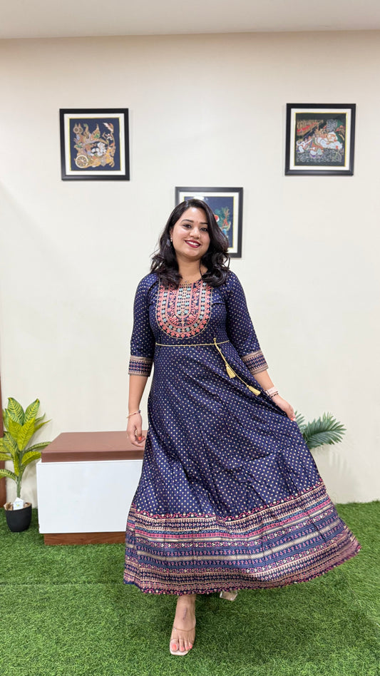 Rayon Foil Print Anarkali Gown with Embroidered Neck and Belt – Liva Tag – Sizes M to 3XL