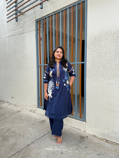 Navy Blue Roman Silk Embroidered Kurta Pant Set for Women – Elegant Two-Piece Festive and Semi-Formal Outfit