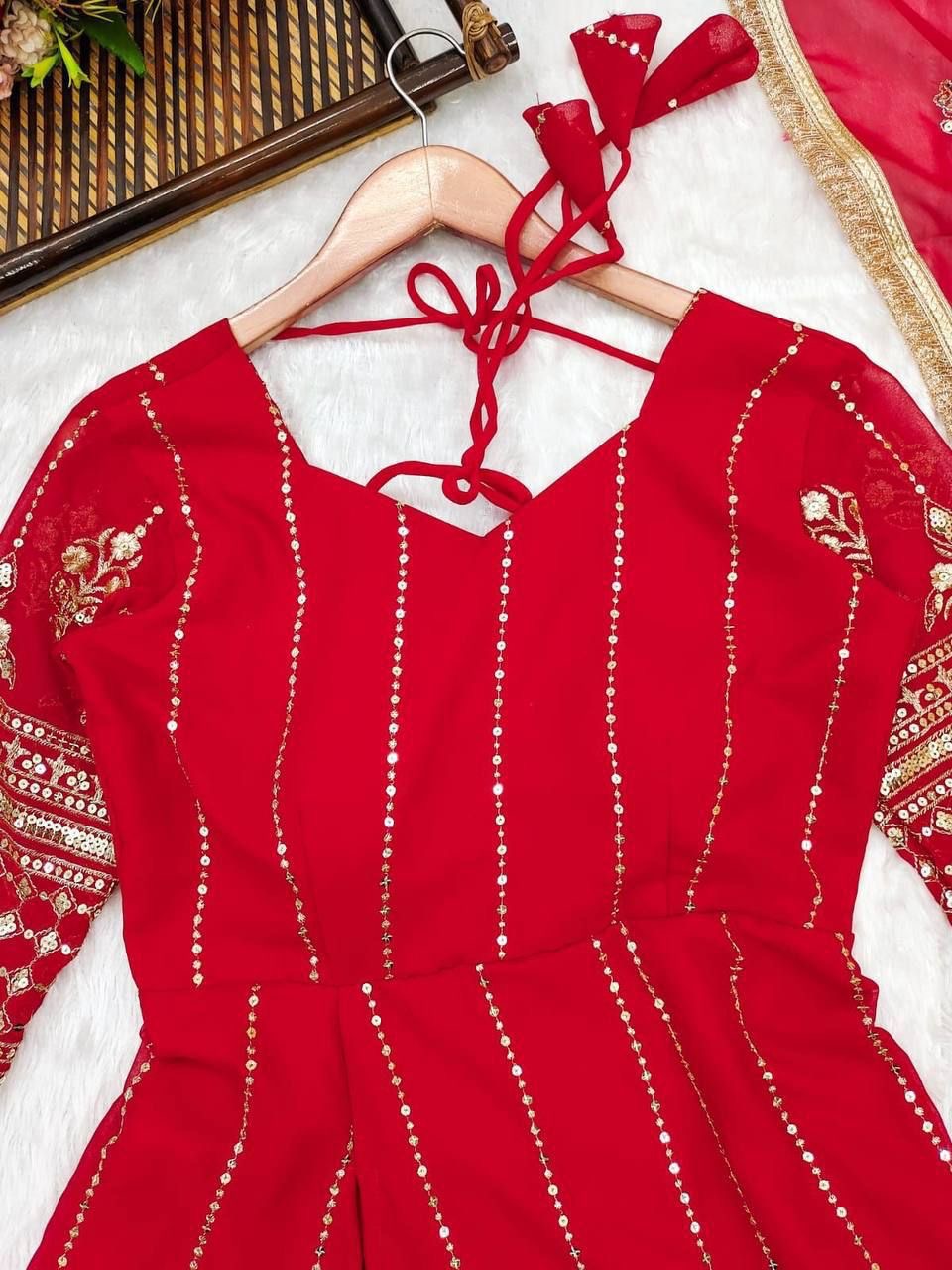 Red Georgette Slit Suit Set for Women with Dupatta and Bottom – Embellished Details – Sizes S to XXL