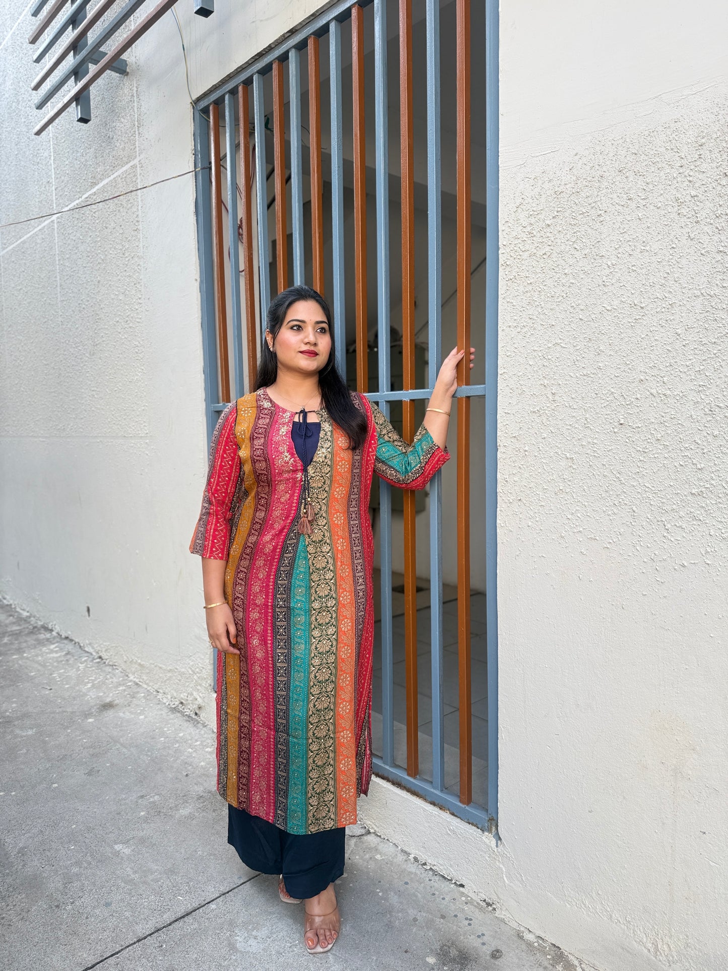 German Rayon Printed Kurta Pant Set for Women with Detailing Work – Sizes 38–46