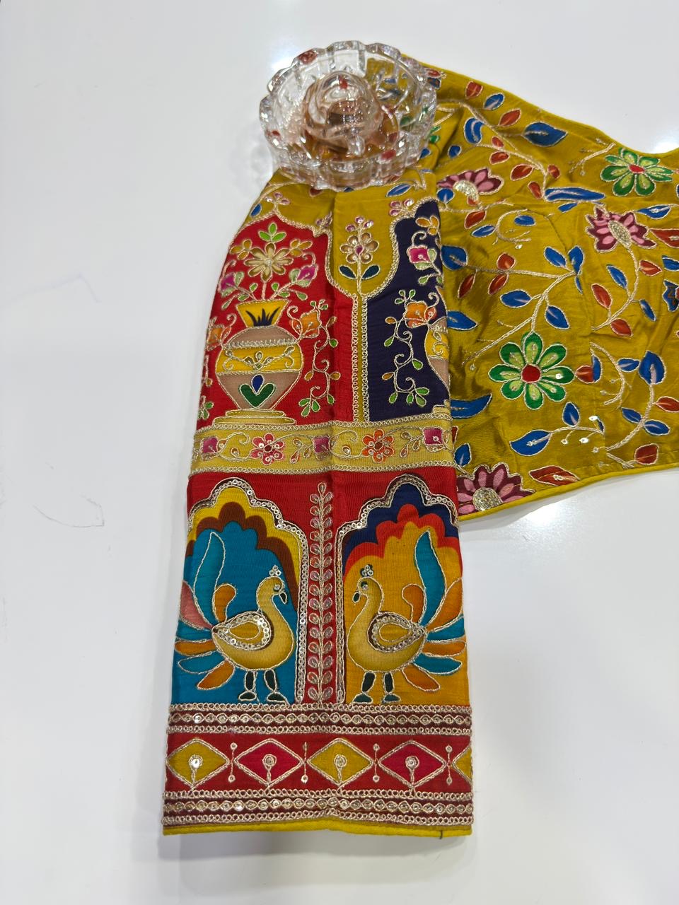 Pure silk embroidered readymade blouse for women, floral print, 3/4 sleeve, padded, size 38–42, 15 inch length