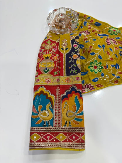 Pure silk embroidered readymade blouse for women, floral print, 3/4 sleeve, padded, size 38–42, 15 inch length