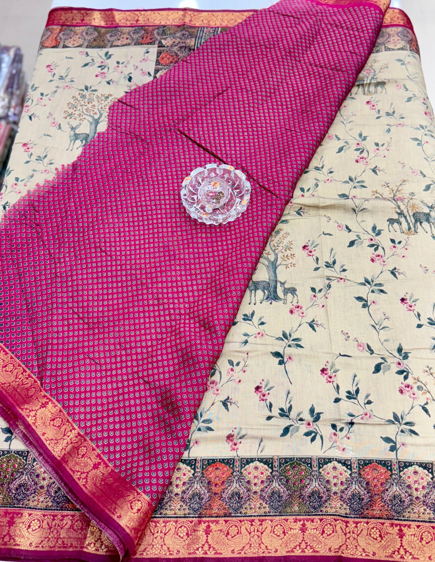 Chennuri silk style printed saree with traditional artwork border and unstitched blouse fabric for women