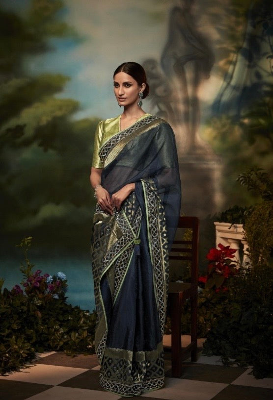 Organza Tissue Silk Saree with Embroidery or Swarovski Work and Heavy Designer Blouse – Wedding and Festive Wear for Women