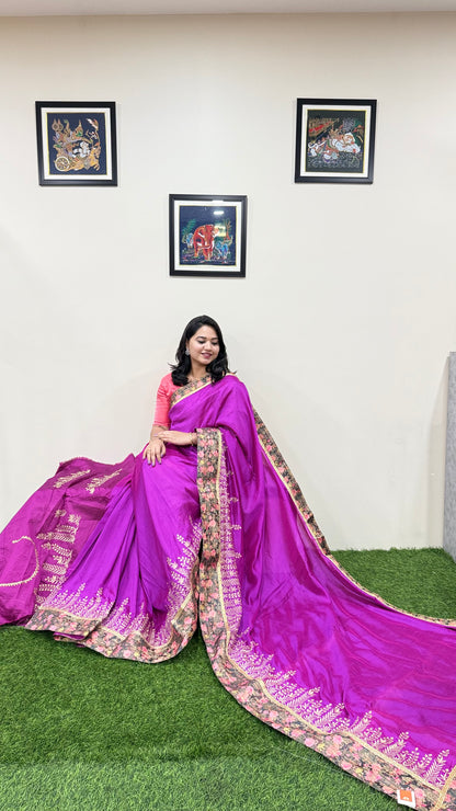 Designer Silk Saree with Embroidery Lace Work, Patchwork and Art Silk Blouse
