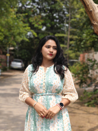 Women’s Off-White Georgette Printed Midi Dress with Puff Sleeves – Sizes M to 3XL