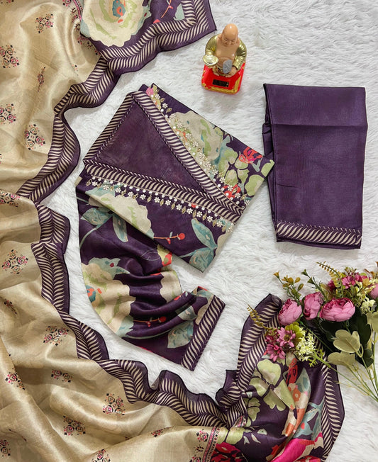 Plus Size Handwork Kurti Pant Dupatta Set for Women in Jarna Silk – Printed Dupatta – 4XL to 7XL