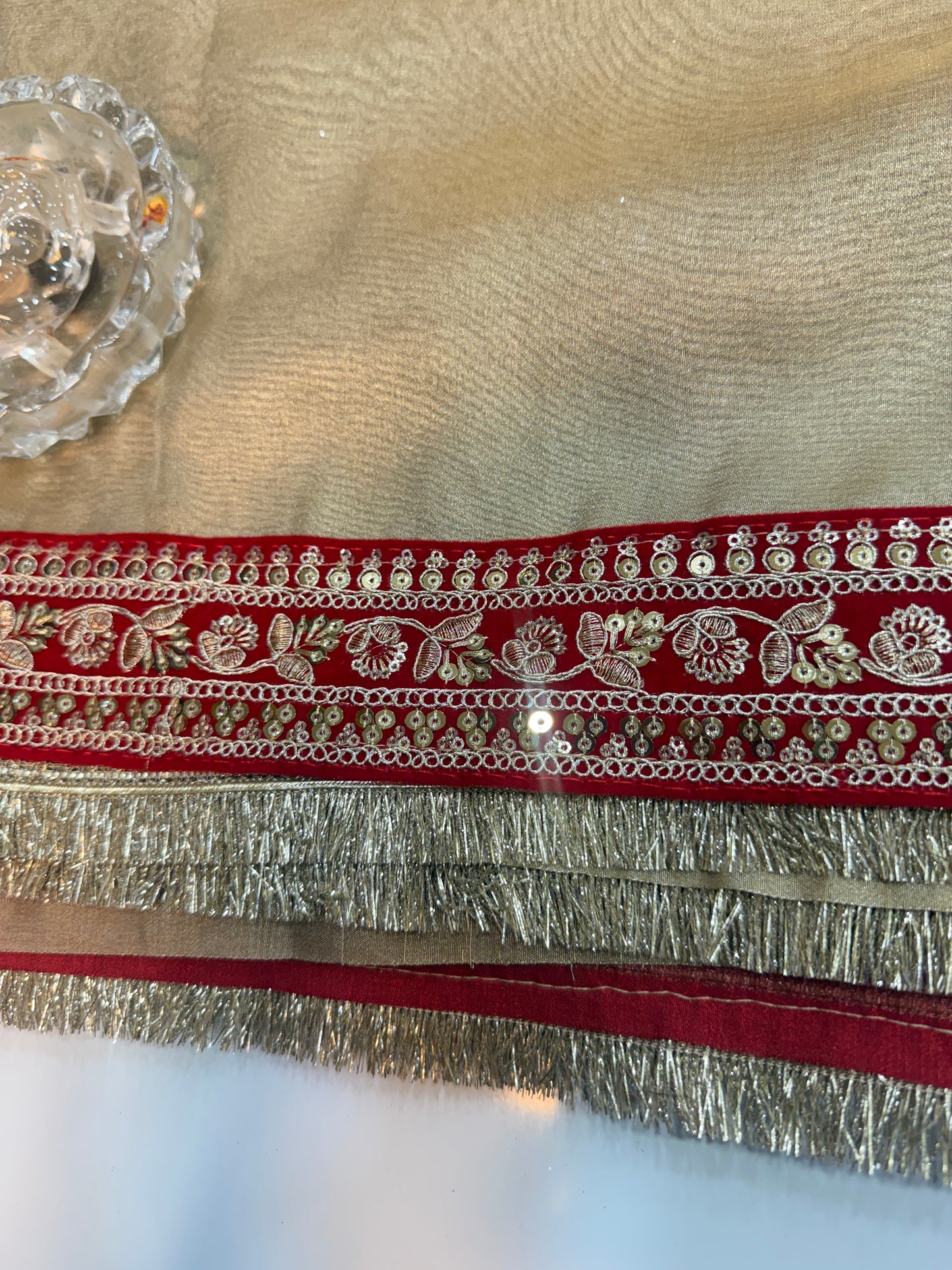 Women’s Banarasi premium tissue silk saree with lace border and woven booti blouse piece, gold and red