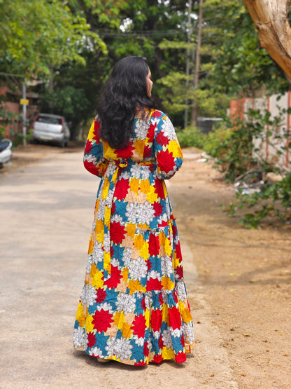 Radiant Blooms Cotton Flared Dress with Multi-Color Floral Panels – Casual & Occasion Wear