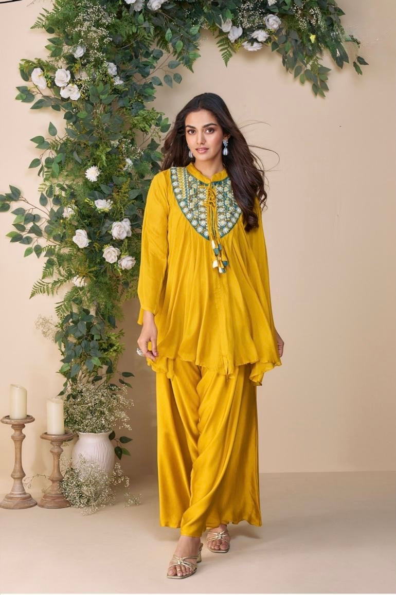 Premium Real Chinon Silk Poncho Style Embroidered Top with Palazzo – Free Size Stitched