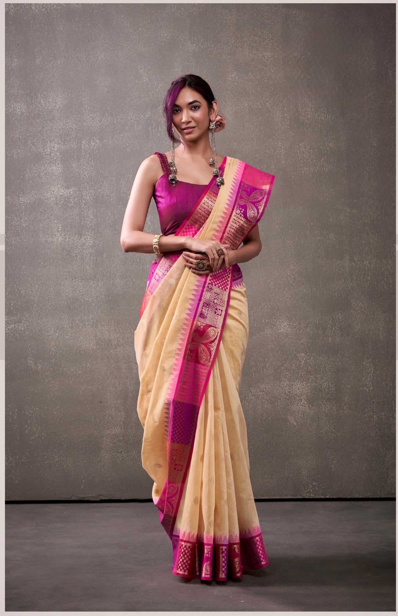 royal modal cotton saree with zari border and contrast blouse – festive ethnic wear for women