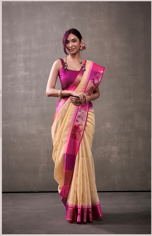 royal modal cotton saree with zari border and contrast blouse – festive ethnic wear for women