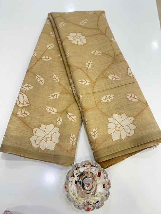 Linen printed saree with floral vine design, contrast border and tassel pallu, women’s daily wear saree