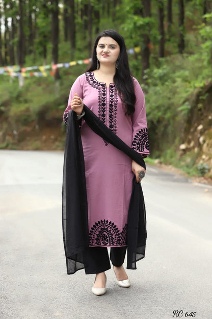 Embroidered Cotton Kurti Pant Dupatta Set for Women with Designer Sleeves – Sizes 38 to 46