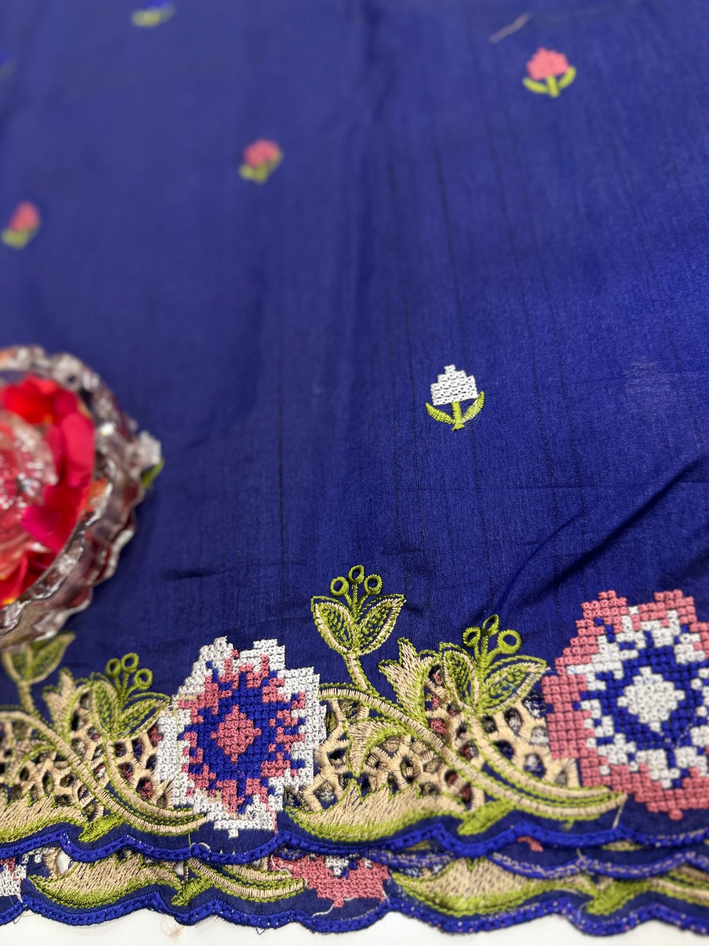 Matka Silk Saree with Embroidered Buttis, Cutwork Big Pallu, and All-Over Cutwork Panel