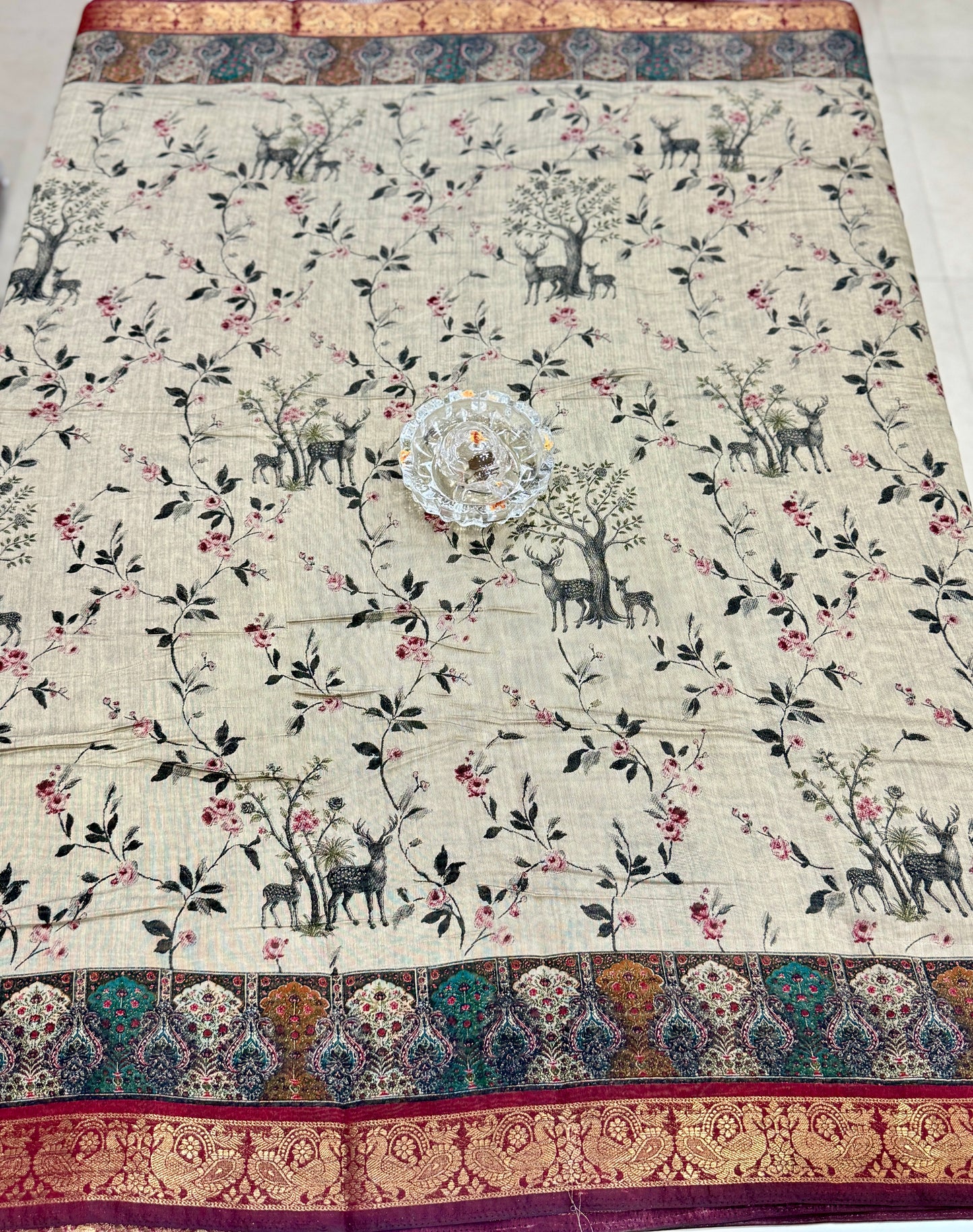 Chennuri silk style printed saree with traditional artwork border and unstitched blouse fabric for women