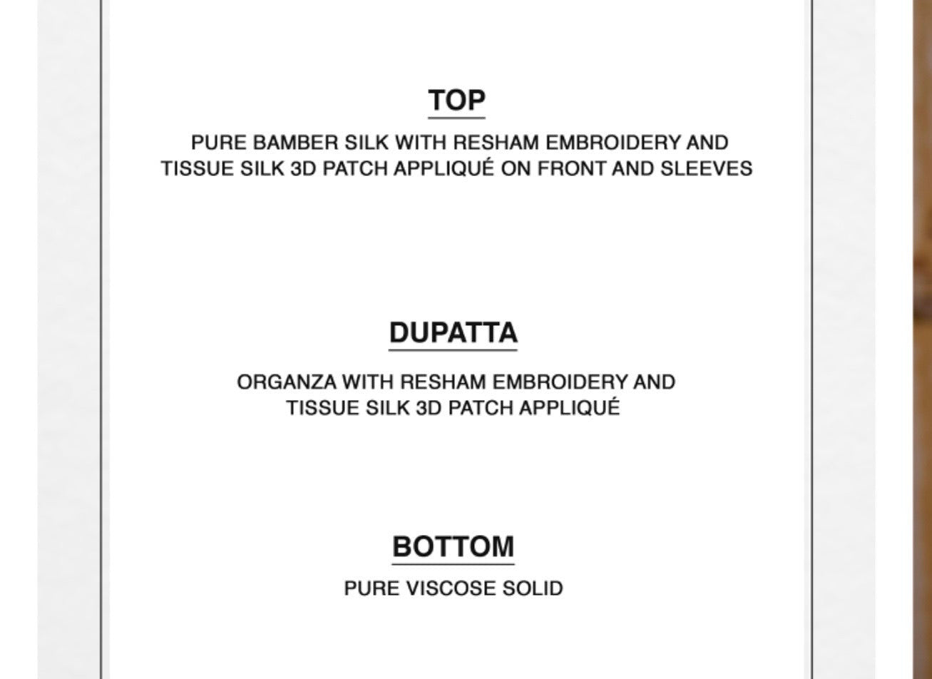 Unstitched Bamber Silk Suit with Resham Embroidery, 3D Patch Appliqué and Organza Dupatta