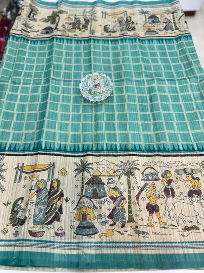 Spider Silk Saree with Folk Art Print Border and Tassel Pallu