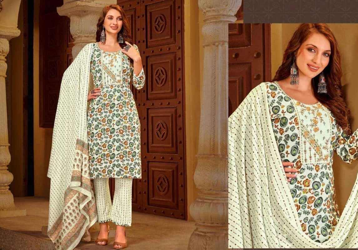 Unstitched Rayon Dress Material with Jaipuri Embroidery Handwork and Mal Printed Dupatta