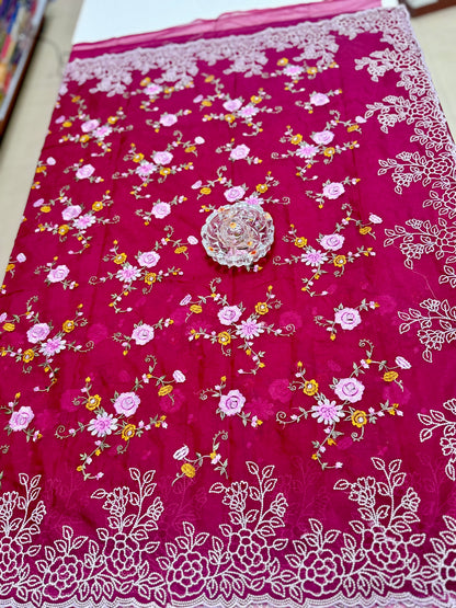 Kora Banarasi Saree with Floral Embroidery and Woven Border – Lightweight Festive Wear