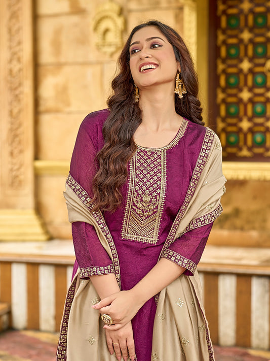 Flared 3-Piece Suit Set for Women in Fancy Fabric with Embroidered Dupatta – XL and XXL Sizes