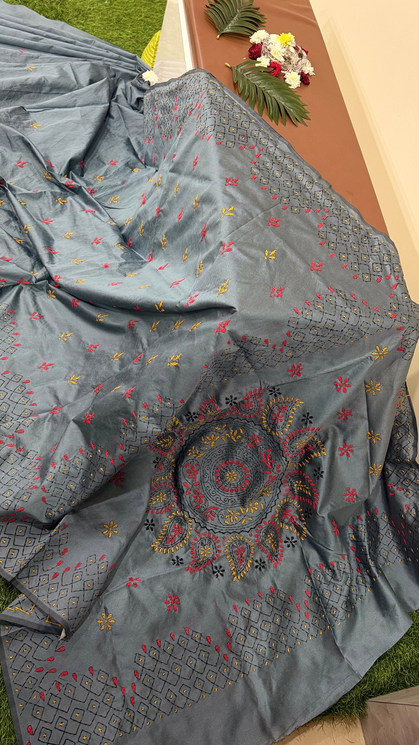Assam Silk Saree with Kantha Stitch Hand Embroidery and Matching Blouse – Women’s Ethnic Wear