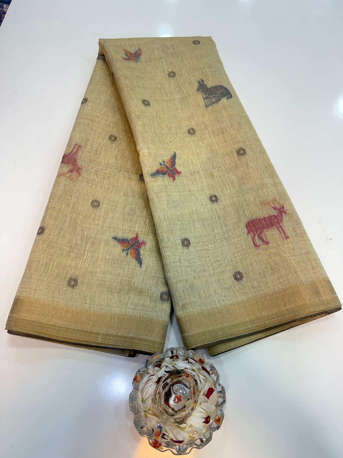 Linen Paithani style printed saree with floral tree border and tassel pallu, women’s festive daily wear saree
