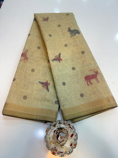 Linen Paithani style printed saree with floral tree border and tassel pallu, women’s festive daily wear saree