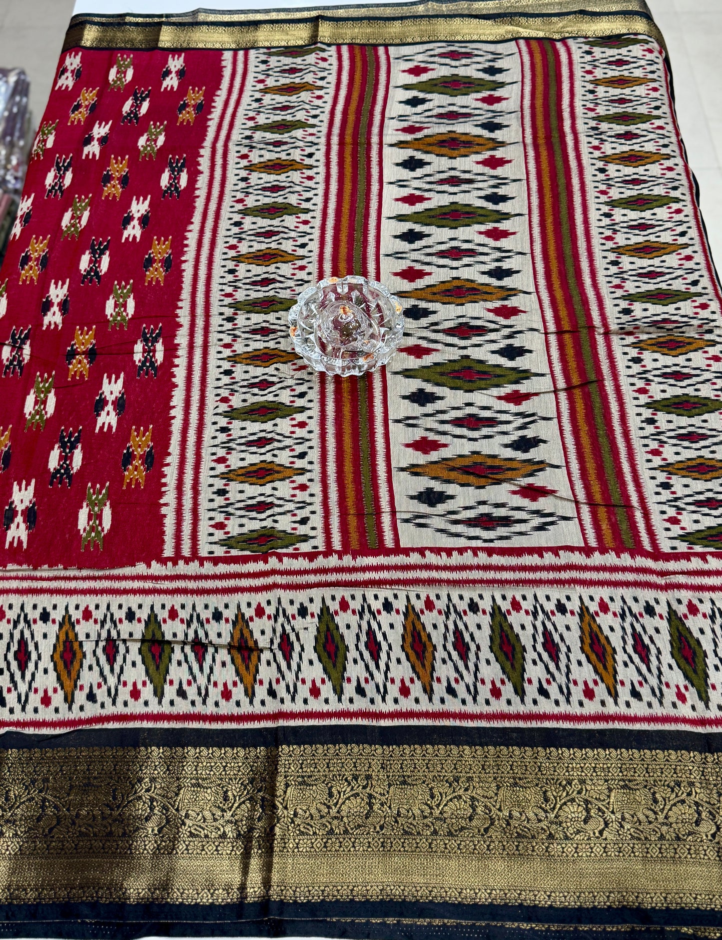 Semi Maheshwari Silk Saree with Zari Border & Ikat Style Weaving for Women