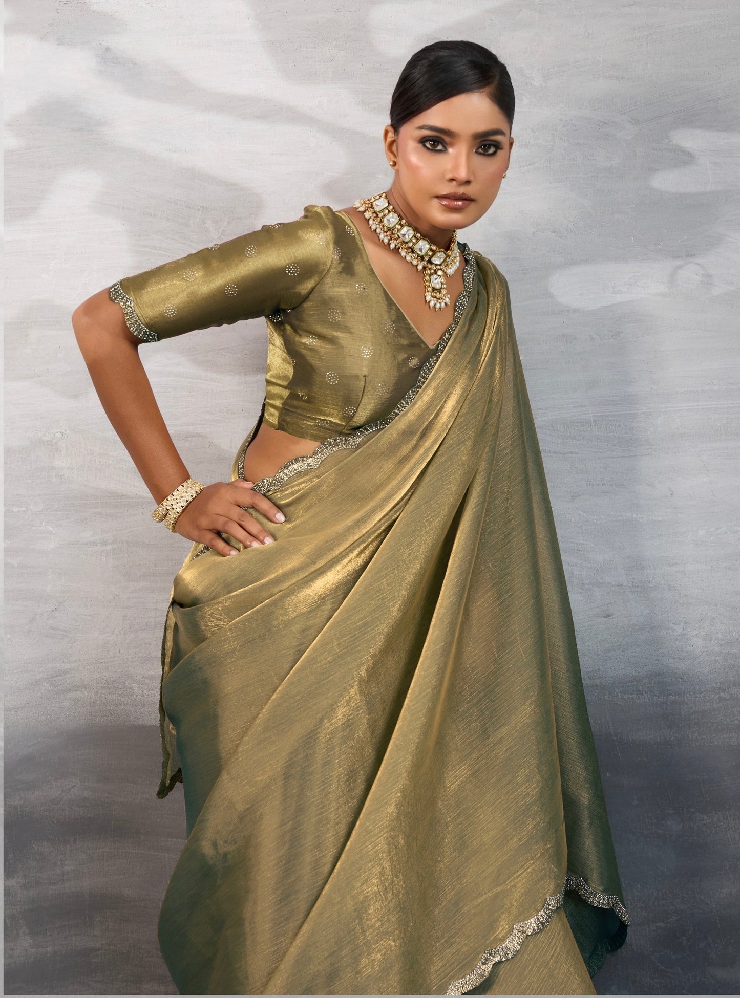 Burberry Chiffon Saree with Zarkan and Cutdana Appliqué Lace Work – Designer Party Wear Saree for Women