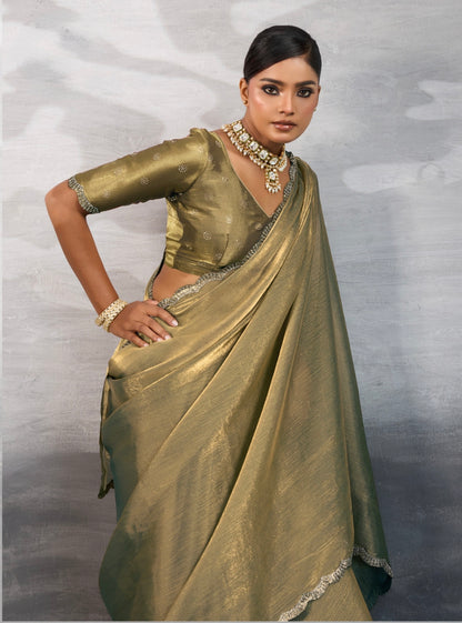 Burberry Chiffon Saree with Zarkan and Cutdana Appliqué Lace Work – Designer Party Wear Saree for Women