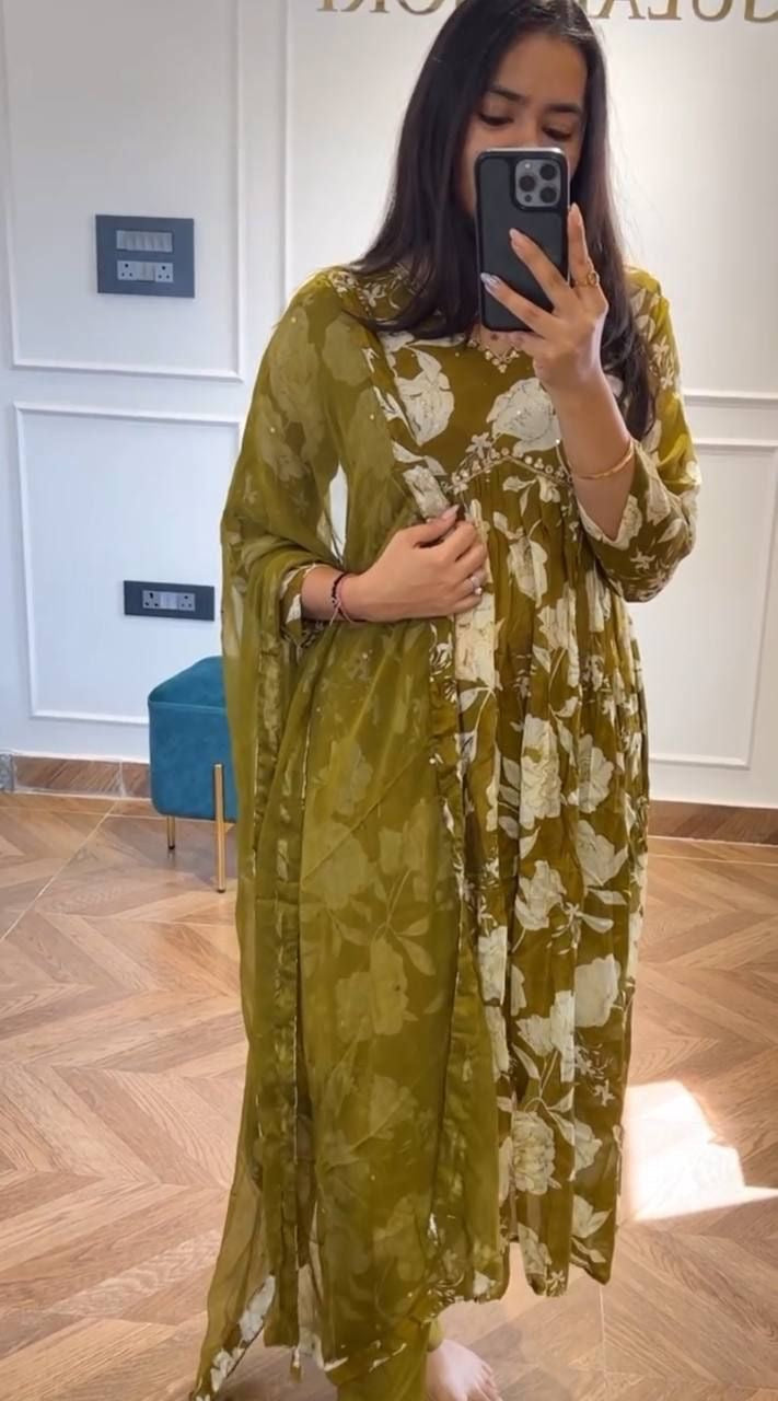 Olive Green Chinnon Alia Cut Suit Set with Printed Kurta, Pant and Dupatta – Women’s Festive Wear
