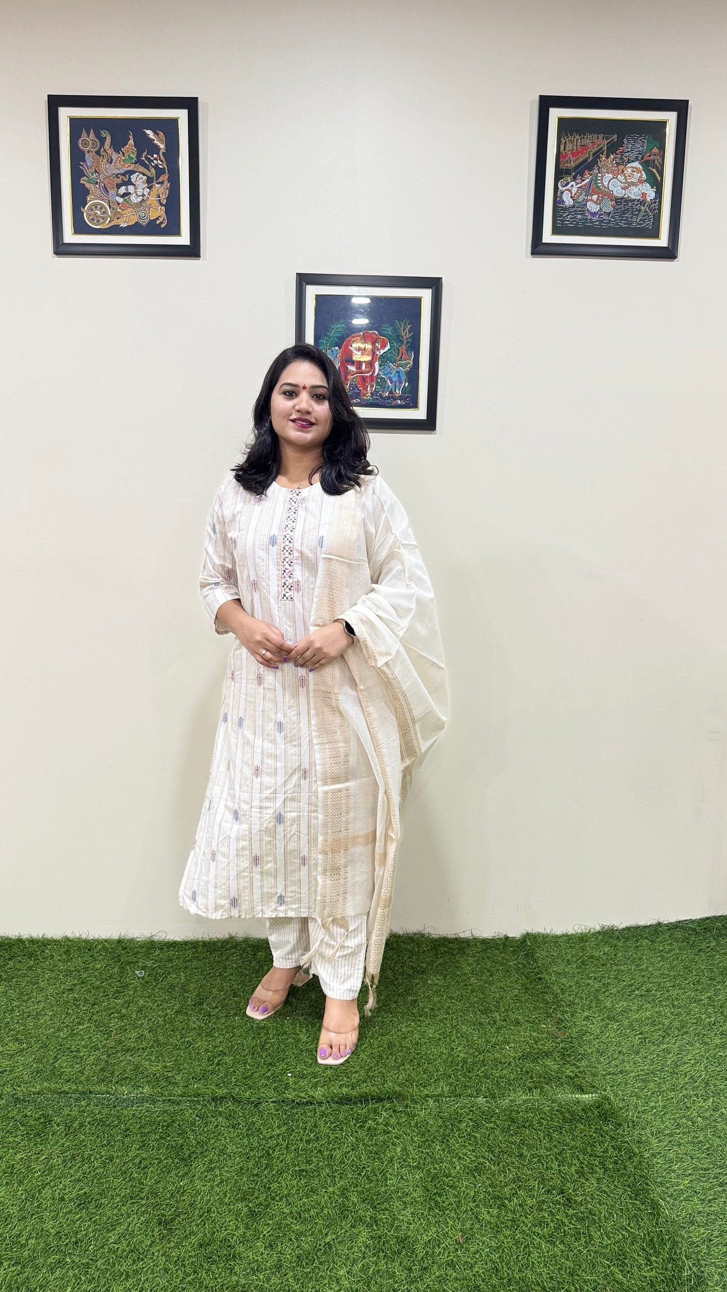 Cotton Handloom Straight Cut Kurta Pant Dupatta Set with Embroidery – Plus Sizes XL to 3XL