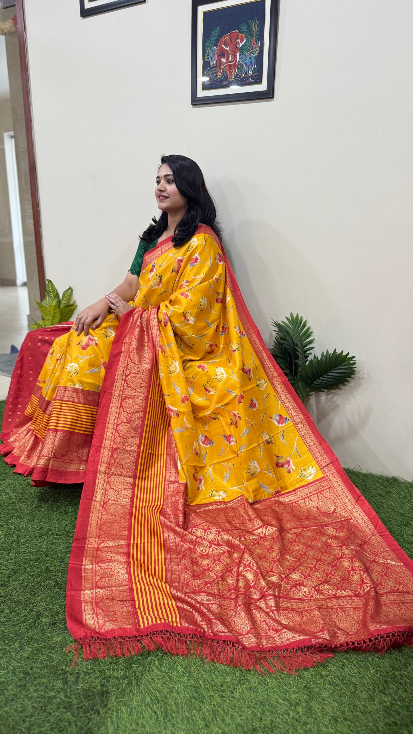 Dola Silk Saree with Kalamkari Patola Digital Print and Gold Zari Foil Border