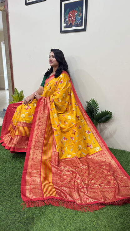 Dola Silk Saree with Kalamkari Patola Digital Print and Gold Zari Foil Border