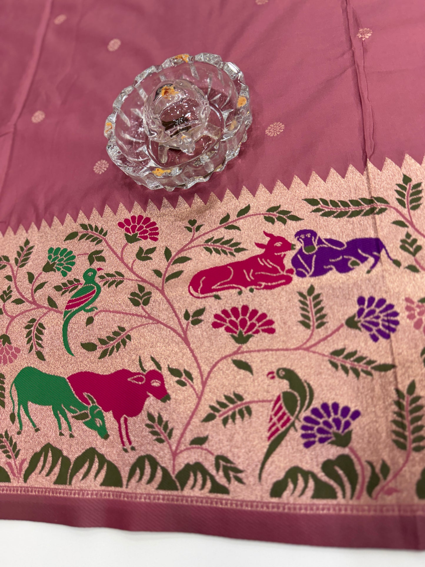 Paithani printed soft silk saree with zari-style border and contrast blouse for women