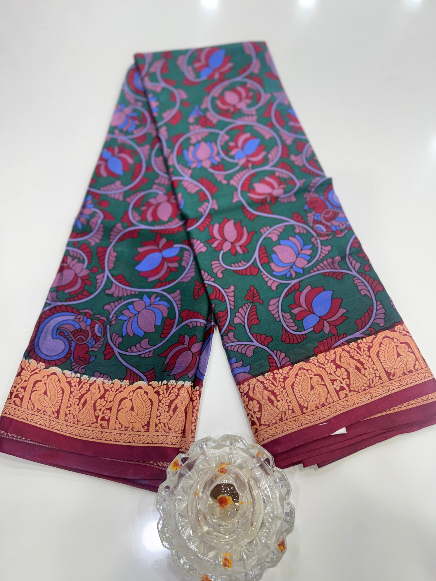 Pure Crepe Mysore Silk Saree for Women – Kalamkari Print with Kathan Border, 75 Gram, Silk Mark Certified