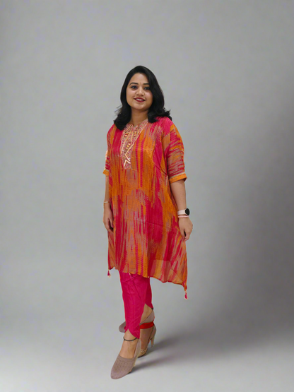 Habutai Silk Kaftan Kurti with Tulip Pant Set Featuring Mirror Embroidery and Tassels