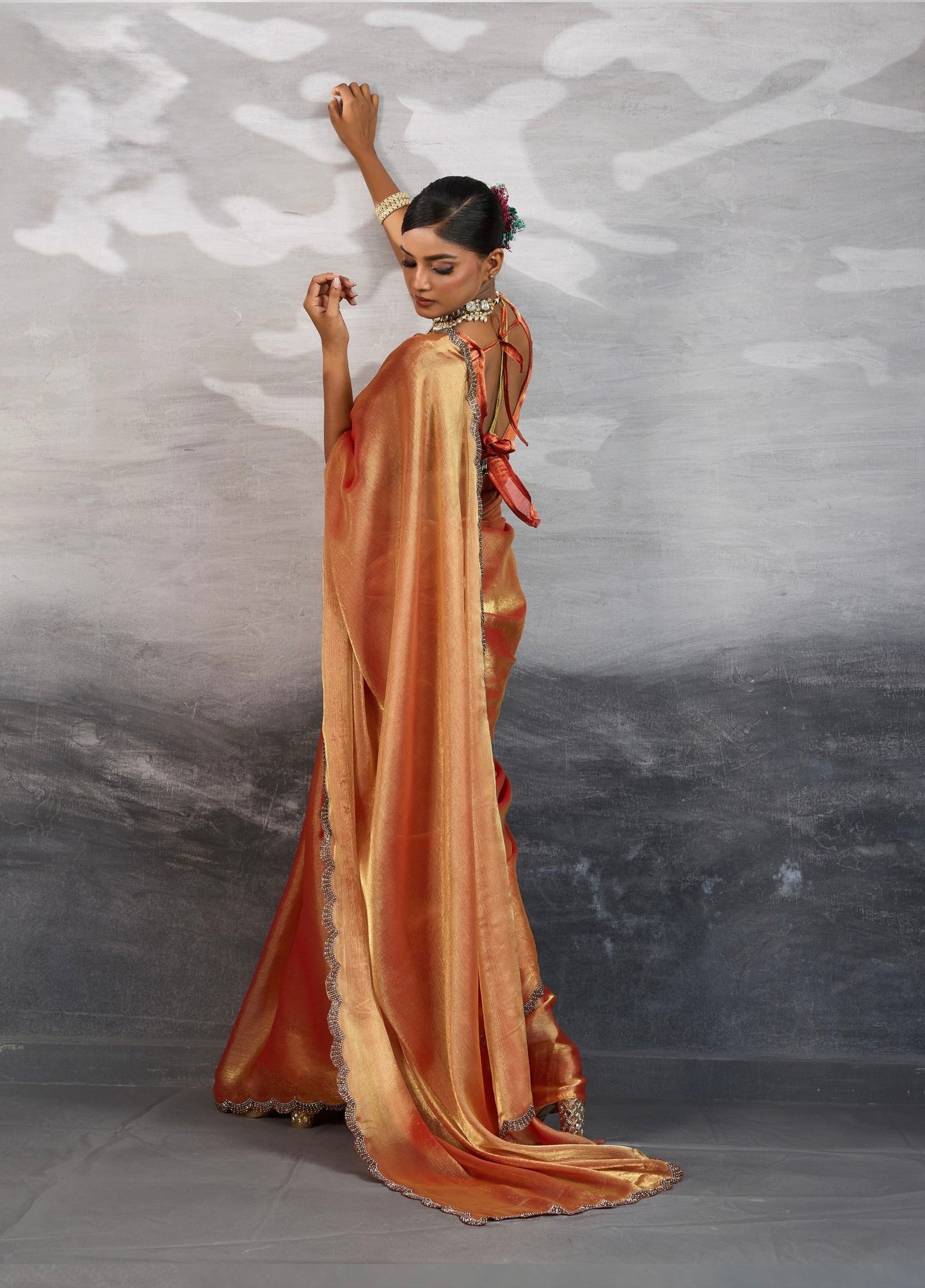 Burberry Chiffon Saree with Zarkan and Cutdana Appliqué Lace Work – Designer Party Wear Saree for Women