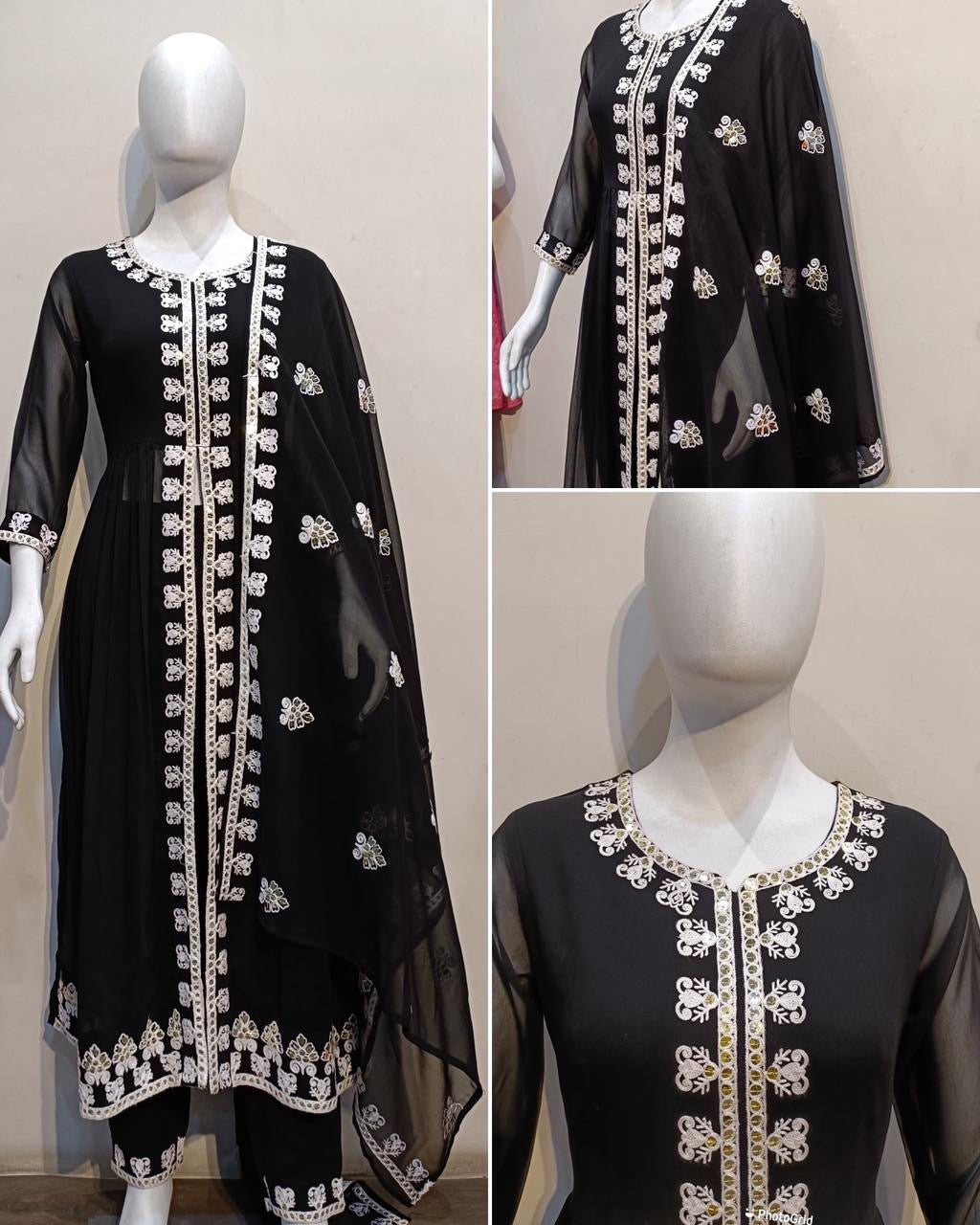 Faux Georgette Embroidered Kurti Palazzo Dupatta Set with Cutwork Dupatta for Women